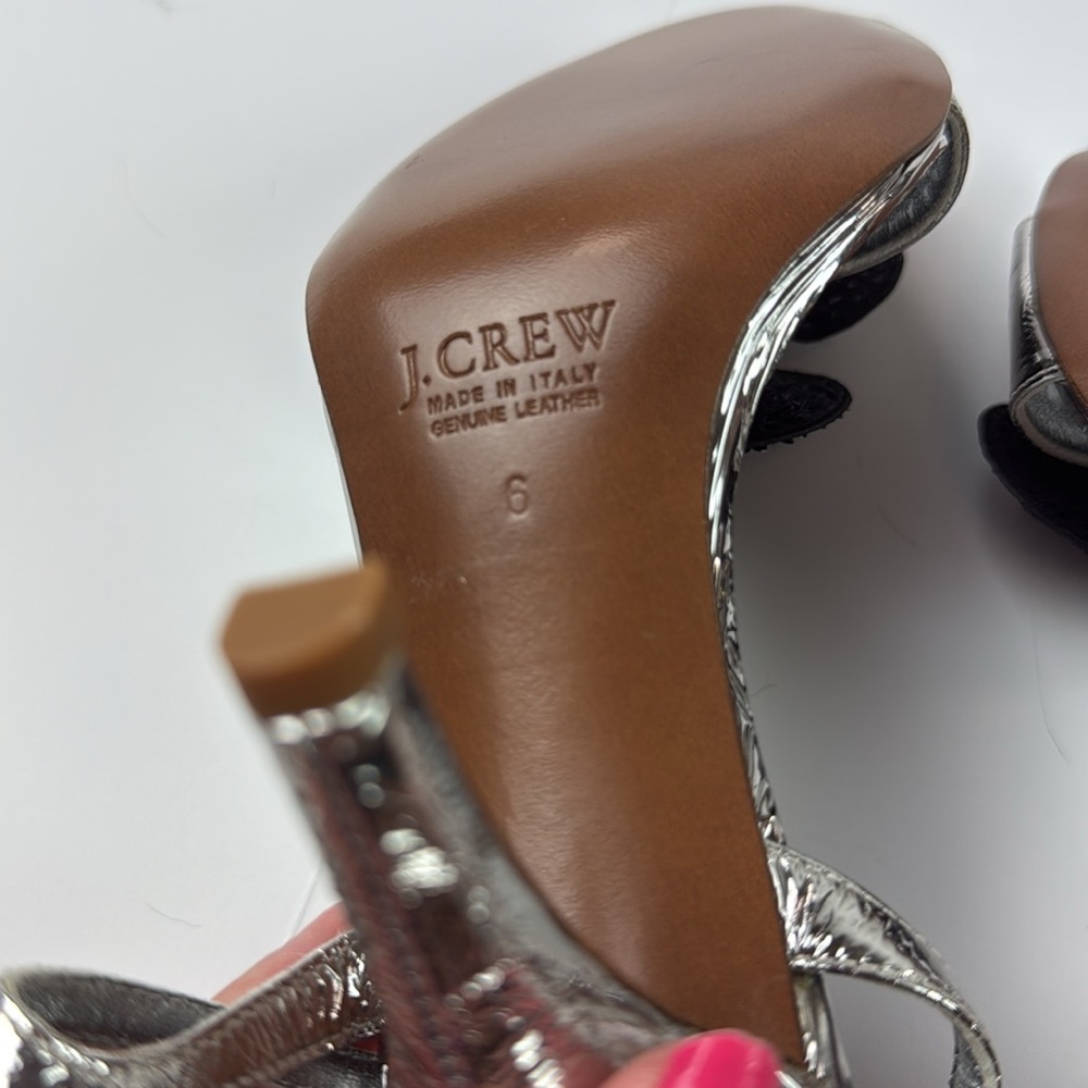 New J.Crew Collection Italian silver sandal heels with navy sequin flower - Picture 8 of 8